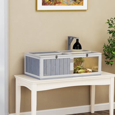 PawHut Wooden Tortoise House with Lamp Holder, Clear Observation Window, Openable Tops, Built-in Tray, Light Grey 