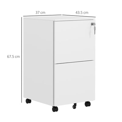 Vinsetto 2-Drawer Vertical Filing Cabinet with Lock and 5 Wheels, Steel Mobile File Cabinet, for A4, Legal and Letter Size, Pre-Assembled Body, White 