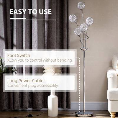 HOMCOM Crystal Floor Lamps for Living Room Bedroom with 5 Light, Modern Upright Standing Lamp, 34x25x156cm, Silver 