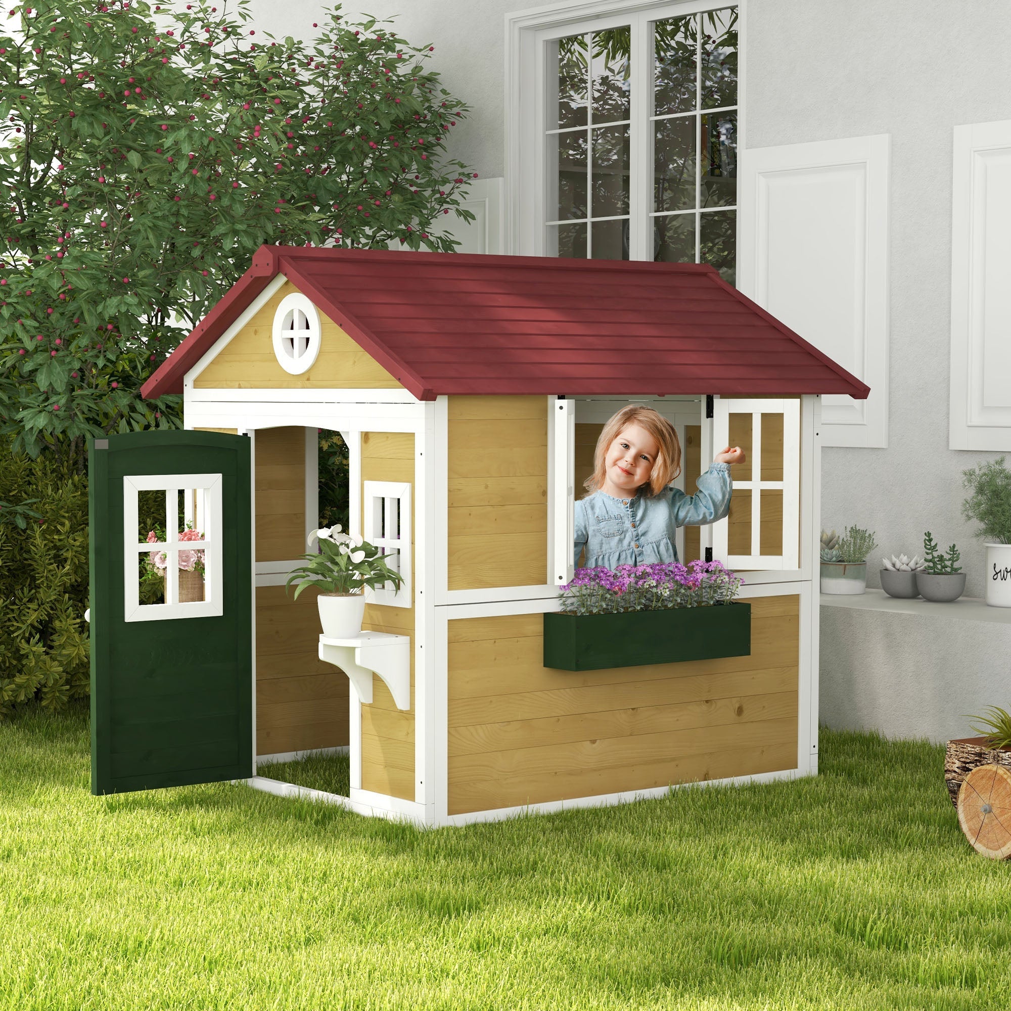 Outsunny Wooden Playhouse with Doors, Windows, Plant Pots, Boxes, for 3-8 Years - Beige 