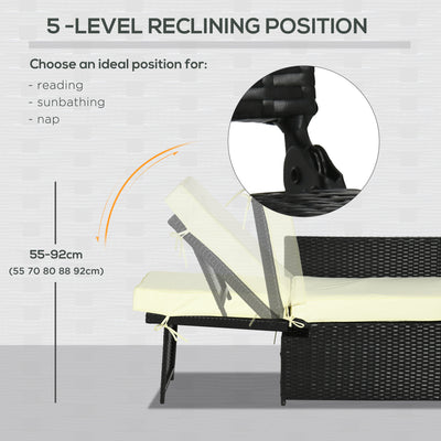 Outsunny 5PC PE Rattan Sun Lounger, Outdoor Wicker 5-level Adjustable Recliner Sofa Bed with Storage Side Table and Footstools, for Patio, Garden, Poolside, Black 