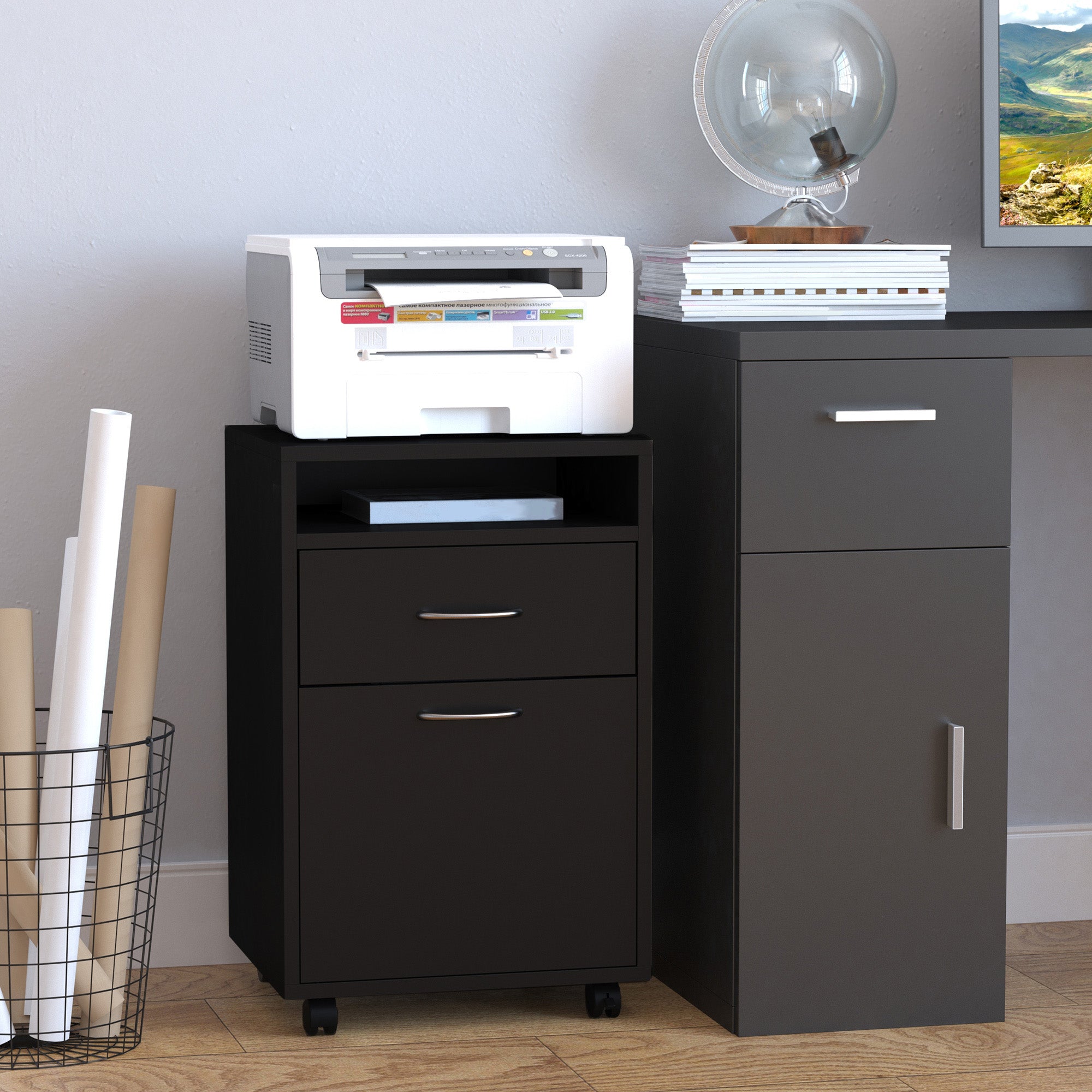 HOMCOM 60cm Filing Cabinet with Drawer, Open Shelf, Metal Handles and 4 Wheels, Office Home Organiser Mobile Printer, Black 