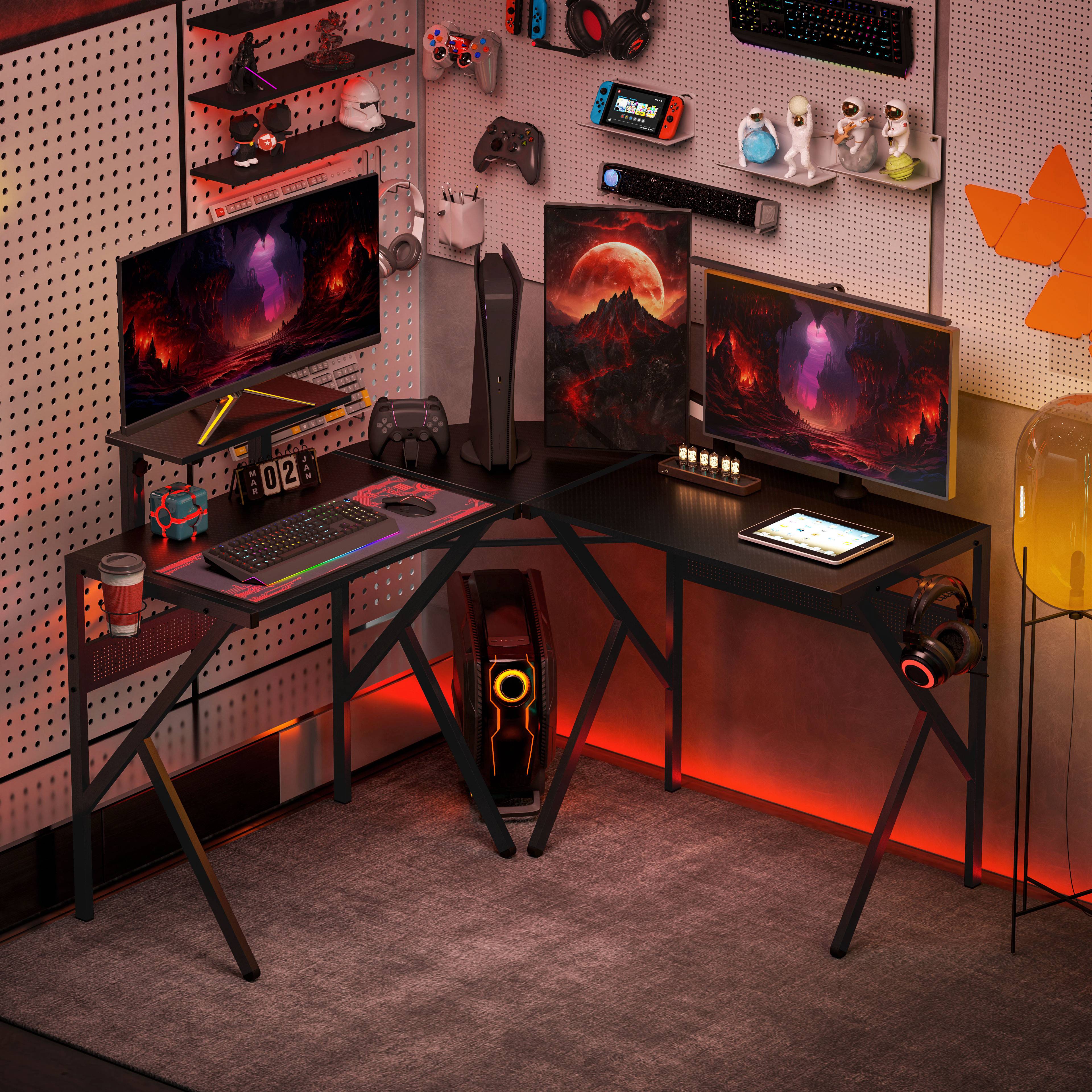 HOMCOM Gaming Desk L-Shaped Corner Computer Table for Home Office PC Workstations with Adjustable Monitor Stand Cup Holder Headphone Hook 125x125x75cm, Black 