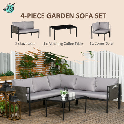 Outsunny 4 Piece Metal Garden Furniture Set with Tempered Glass Coffee Table, Breathable Mesh Pocket, Outdoor Conversational Corner Sofa Loveseat with Padded Cushions, Light Grey 
