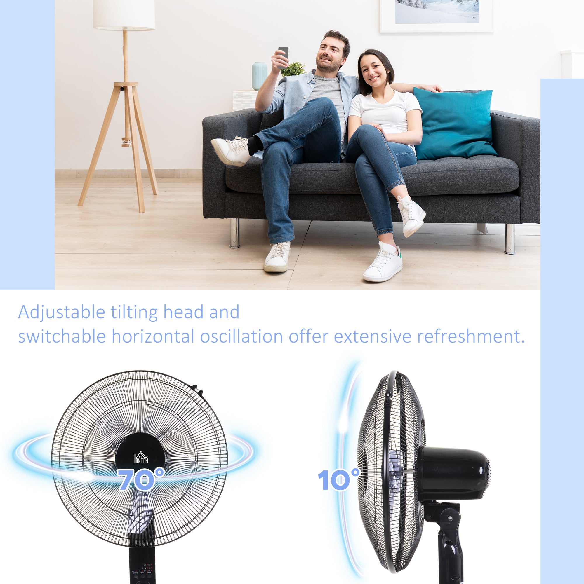 HOMCOM 18" Pedestal Fan, Oscillating Standing Fan with Remote Control, Floor Fan with Adjustable Height, 3 Speed, 7.5-Hour Timer, Black 