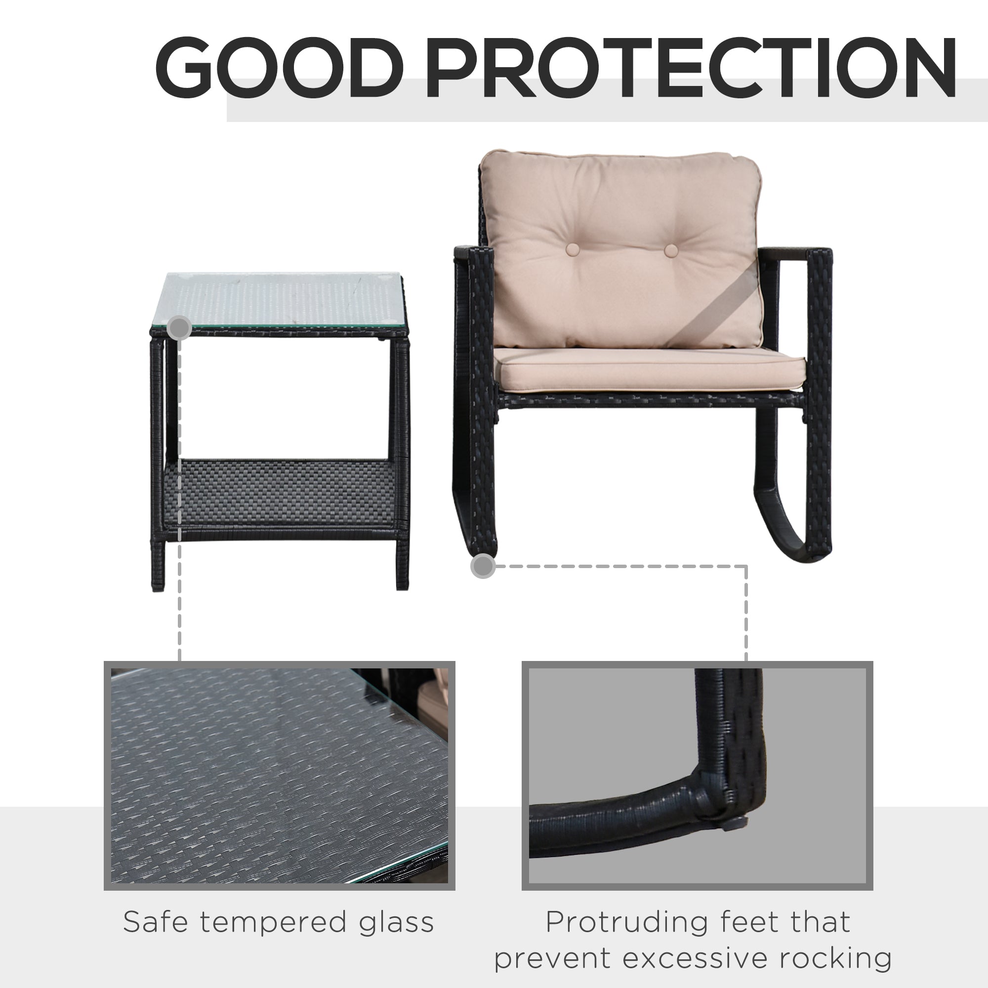 Outsunny 3 Pieces Rattan Garden Rocking Chair Set, Outdoor Rocking Bistro Set w/ 2 Cushioned Armchair and Glass Top Two-tier Coffee Table, Black 