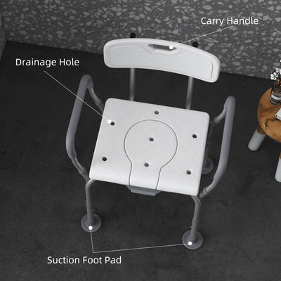 HOMCOM Height Adjustable Shower Stool with Arms and Back, Non-Slip Bedside Commode with Detachable Bucket for Elderly, White 