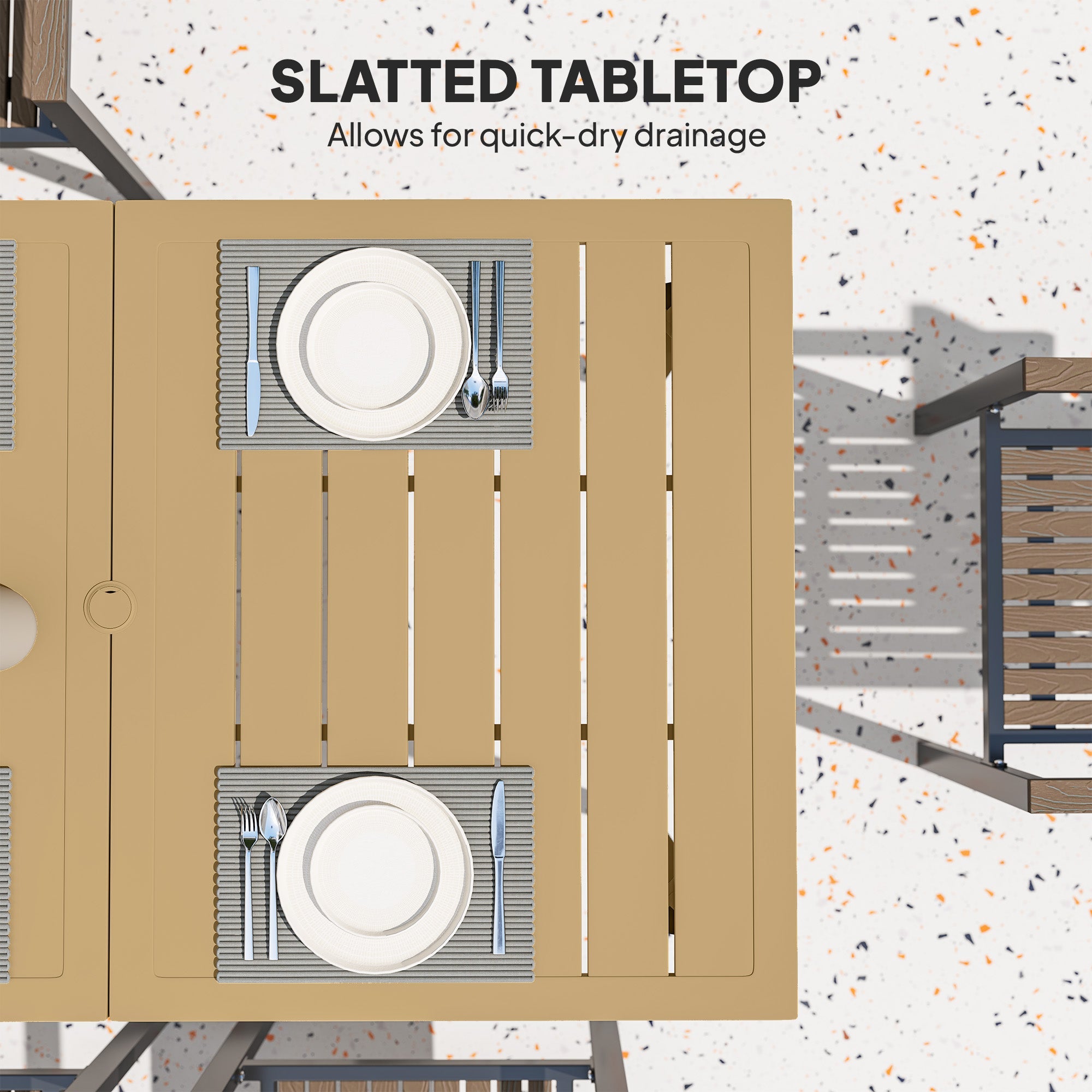 Outsunny Garden Dining Table for 6 Person, Rectangle Outdoor Coffee Table with 5 cm Parasol Hole, Slatted Tabletop and Steel Frame for Patio Balcony, Brown 