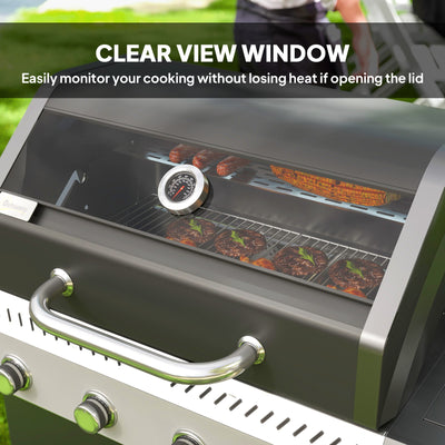 Outsunny 4+1 Burner Gas BBQ Grill with Clear View Lid, Portable Gas Barbecue Grill with Built-in Thermometer, Side Table, Cabinet, Wheels, Grease Tray for Garden Party Outdoor Cooking, Black 