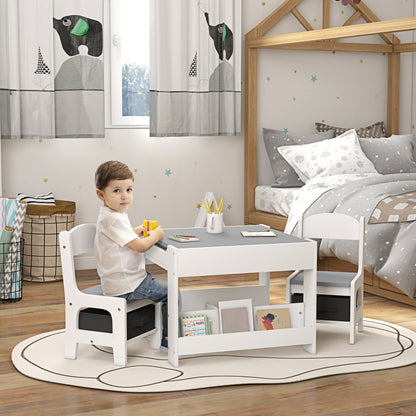 HOMCOM Three-Piece Kids Table and Chair Set with Blackboard, Storage, Bookshelves - Grey 