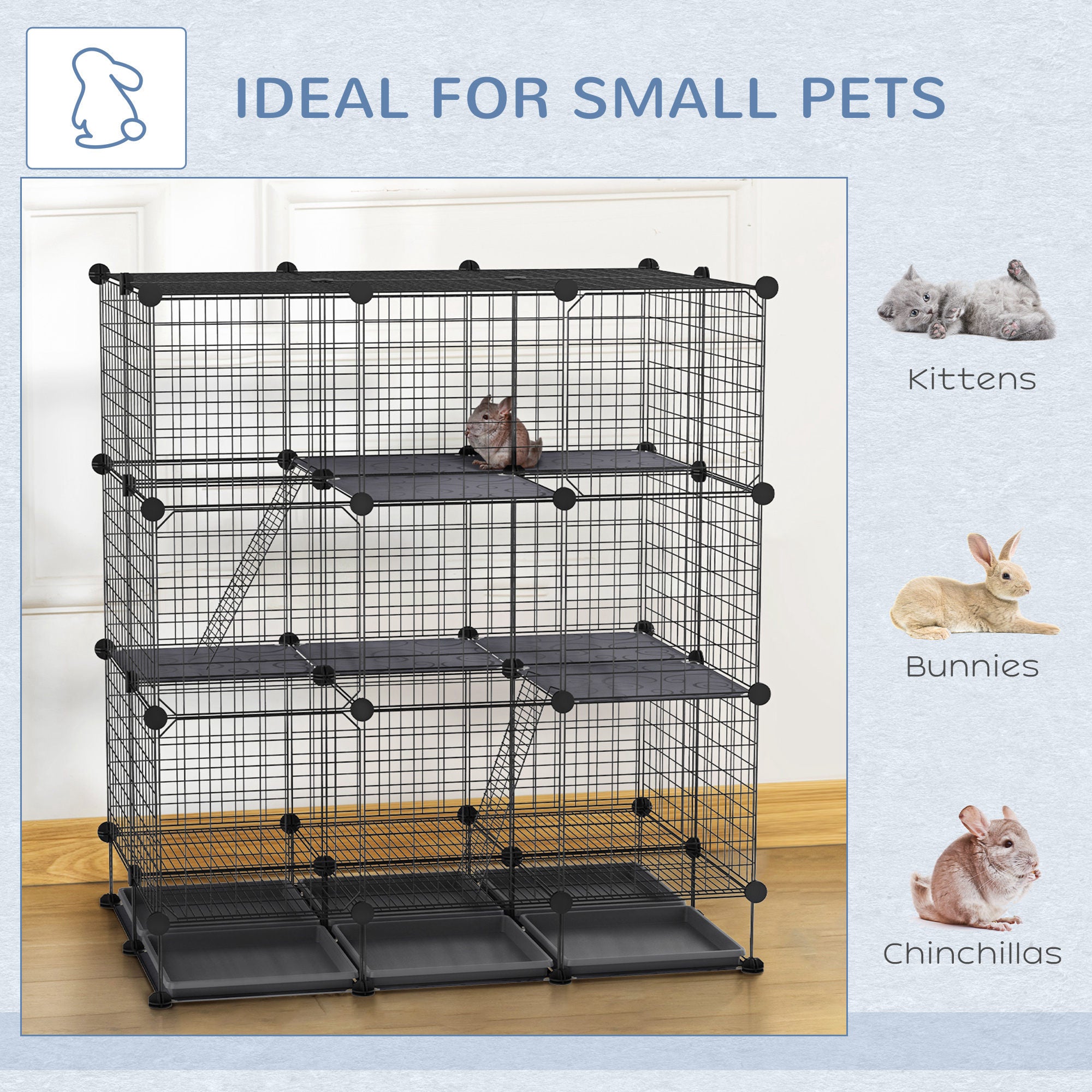 PawHut 3 Level DIY Pet Playpen Metal Small Animal Cage Rabbit Ferret Chinchillas Cage 4 Doors Bottom Trays Black 