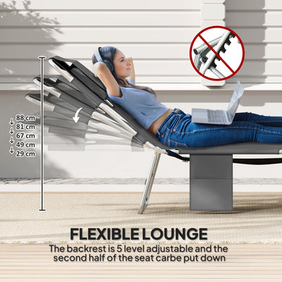 Outsunny Foldable Sun Lounger Set of 2, Beach Chaise Lounge with Reading Hole, Arm Slots, 5-Position Adjustable Backrest, Side Pocket, Pillow for Garden, Beach, Pool, Dark Grey 