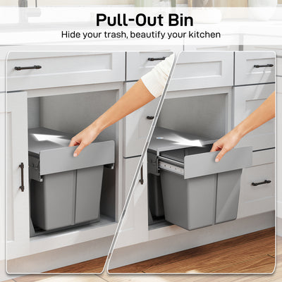 HOMCOM Pull Out Bin, Under Sink Bin - 2 Removable Compartments (15L Each) for 400mm Cabinets, Light Grey 