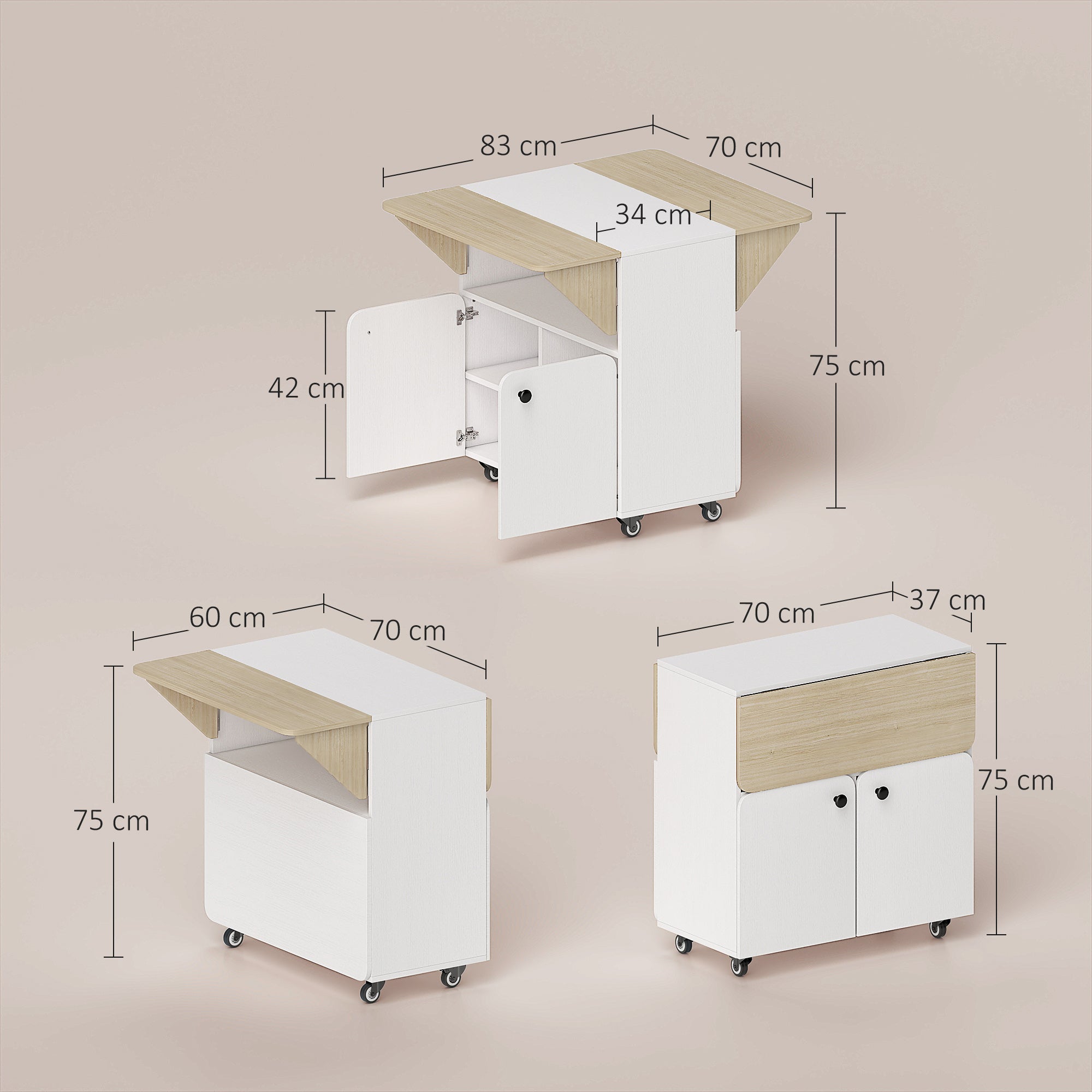 HOMCOM Folding Dining Table, Rolling Drop Leaf Table with Hidden Shelf & Cabinet for Dining Room, Small Spaces, White 