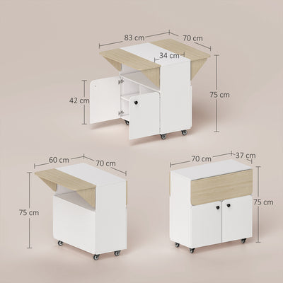 HOMCOM Folding Dining Table, Rolling Drop Leaf Table with Hidden Shelf & Cabinet for Dining Room, Small Spaces, White 