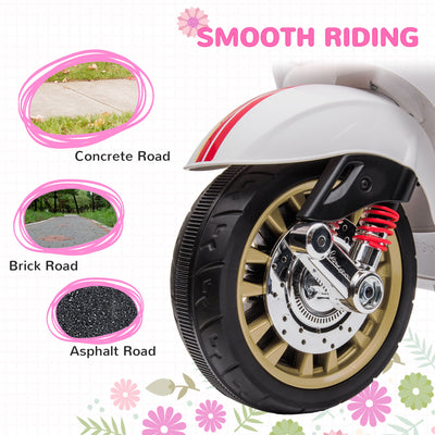 AIYAPLAY 12V Vespa Licensed Kids Electric Motorbike w/ Music, Headlights, FM Radio, for 3-6 Years - White 