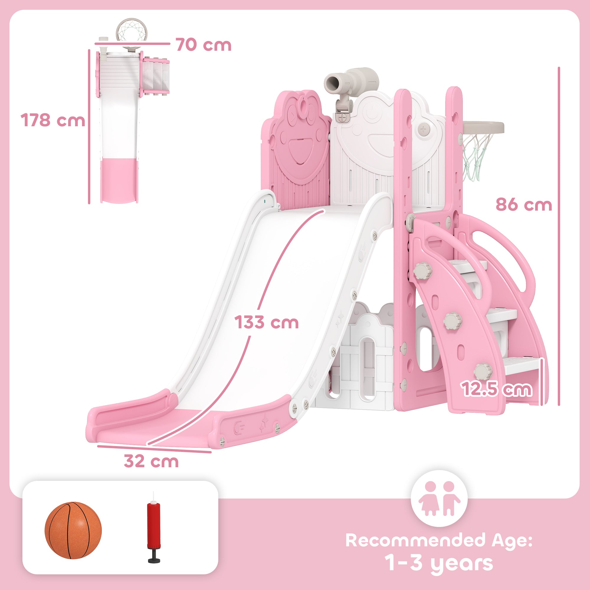 AIYAPLAY 5 in 1 Kids Slide Set with Basketball Hoop, Climbing Frame, Telescope, Storage Box for Toddlers Ages 1-3, Pink 