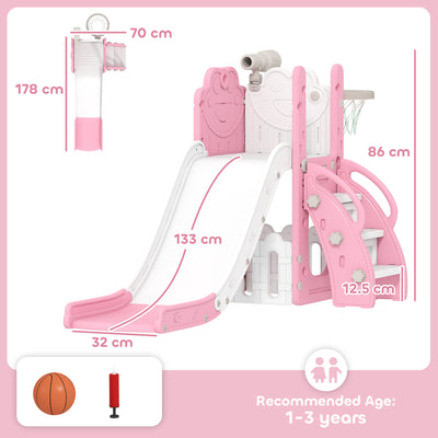 AIYAPLAY 5 in 1 Kids Slide Set with Basketball Hoop, Climbing Frame, Telescope, Storage Box for Toddlers Ages 1-3, Pink 