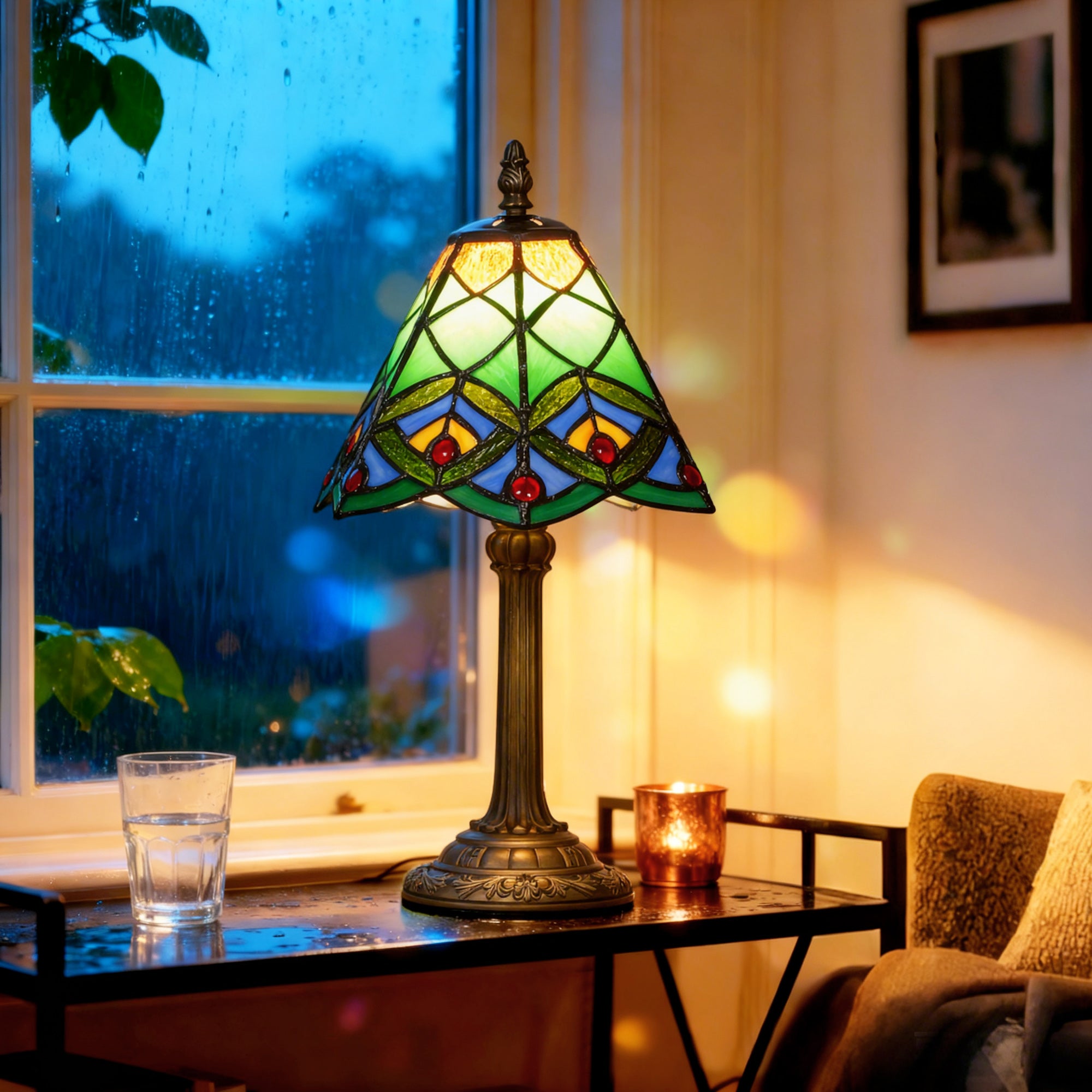 HOMCOM Tiffany-Style Table Lamp with Geometric Patterns, Handcrafted Antique Stained Glass Bedside Lamp for Living Room and Bedroom, E27 Socket, Green 