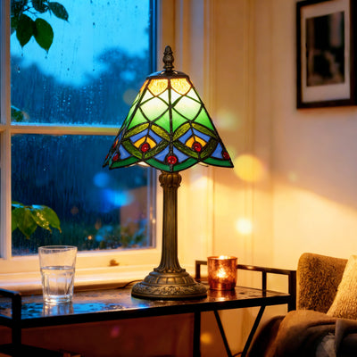 HOMCOM Tiffany-Style Table Lamp with Geometric Patterns, Handcrafted Antique Stained Glass Bedside Lamp for Living Room and Bedroom, E27 Socket, Green 