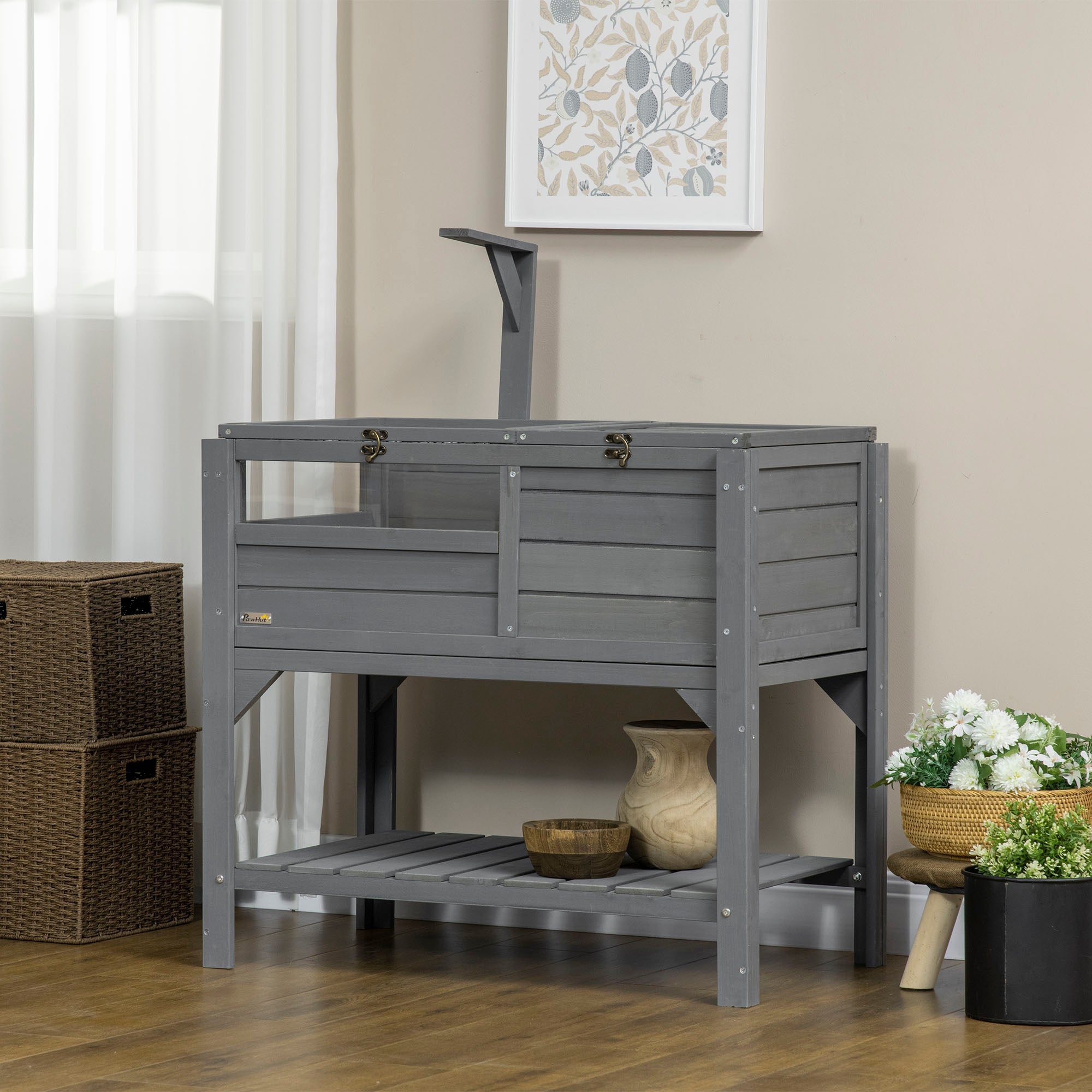 PawHut Wooden Tortoise House, with Shelter, Run, Shelf, Lamp Holder, Tray 