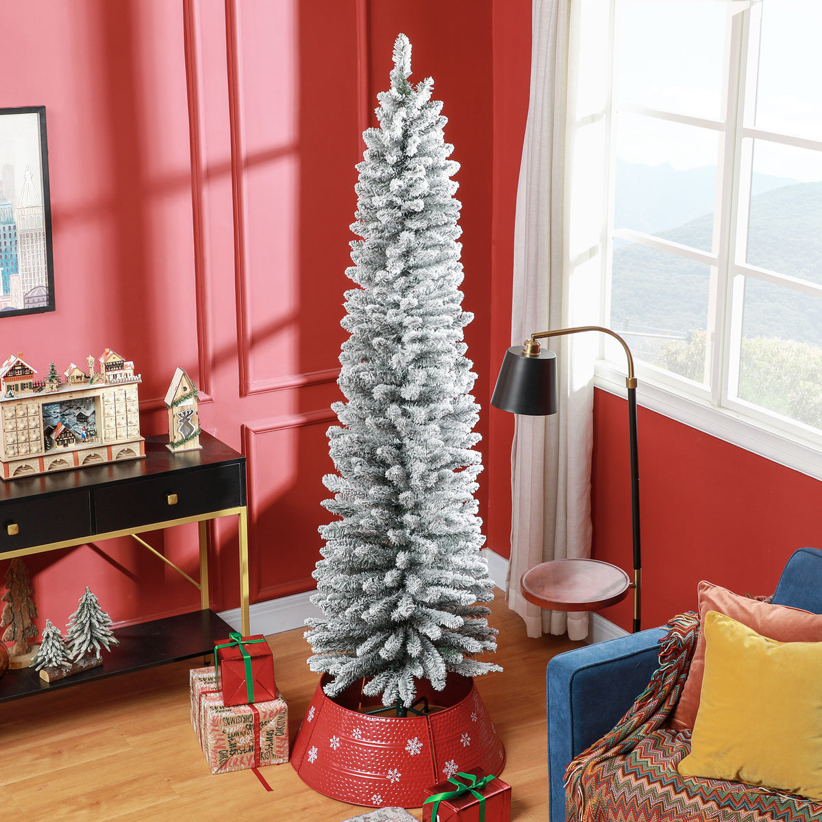 HOMCOM 7ft Artificial Snowy Pencil Christmas Tree - White 