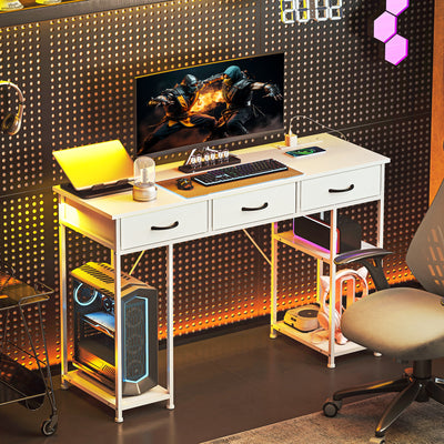 HOMCOM 120cm Computer Desk with Power Outlets, Office Desk Study Table with 3 Fabric Drawers and 4 Storage Shelves, White 