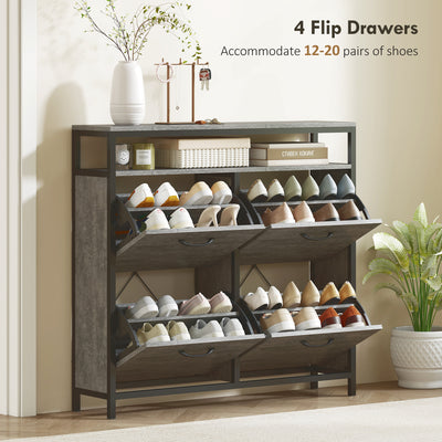 HOMCOM Shoe Storage Cabinet with 4 Flip Drawers and Open Shelf - Cement Grey 
