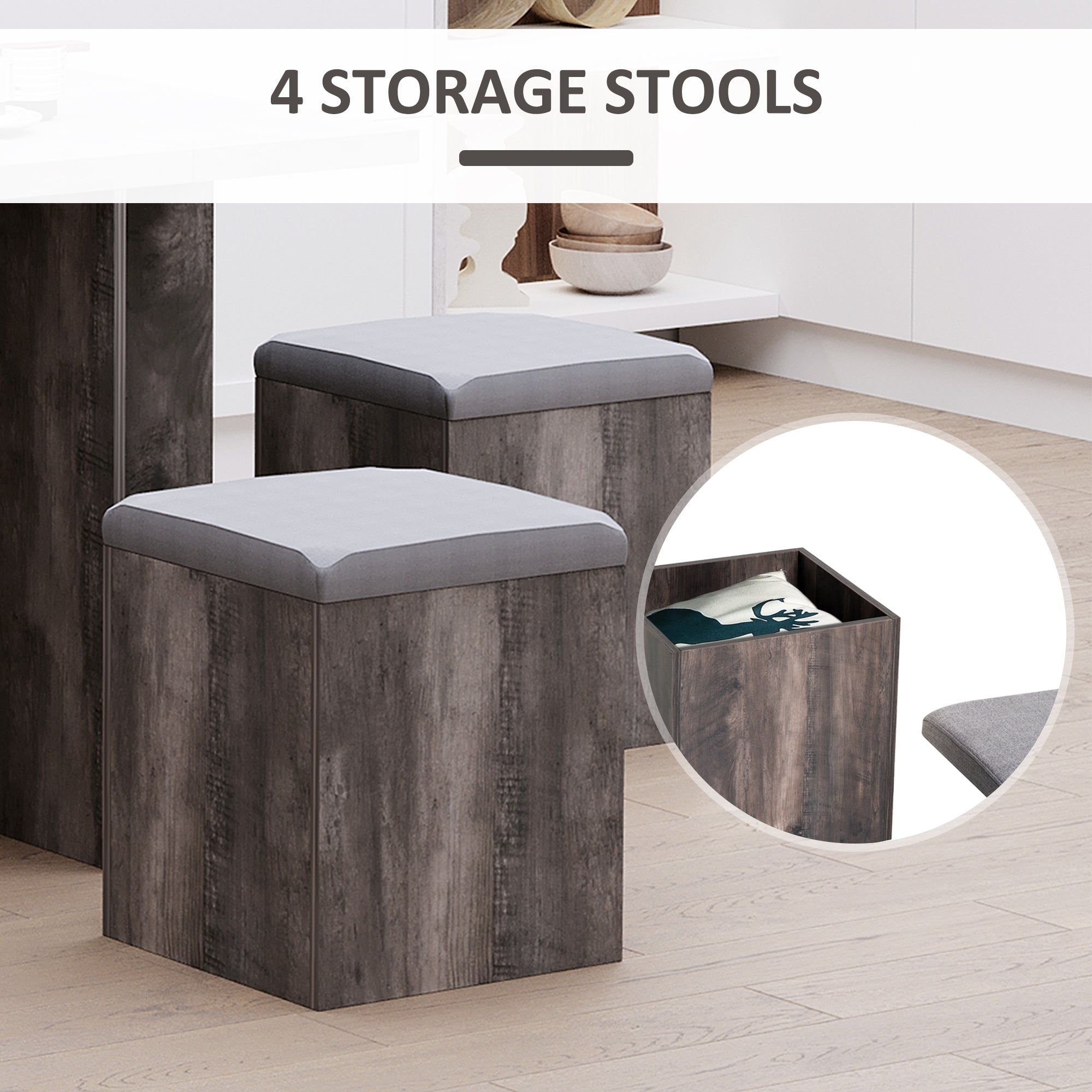 HOMCOM 5PC Dining Set Garden Patio Wooden Set 4 Storage Stools Footrest Ottoman with Cushions + 1 Table Space Saving Design Indoor Outdoor 