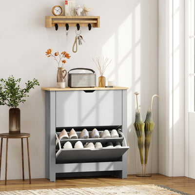 HOMCOM Slim Shoe Cabinet, Narrow Shoe Cupboard with 2 Flip Drawers, Adjustable Shelves for 12 Pairs of Shoes, Light Grey 