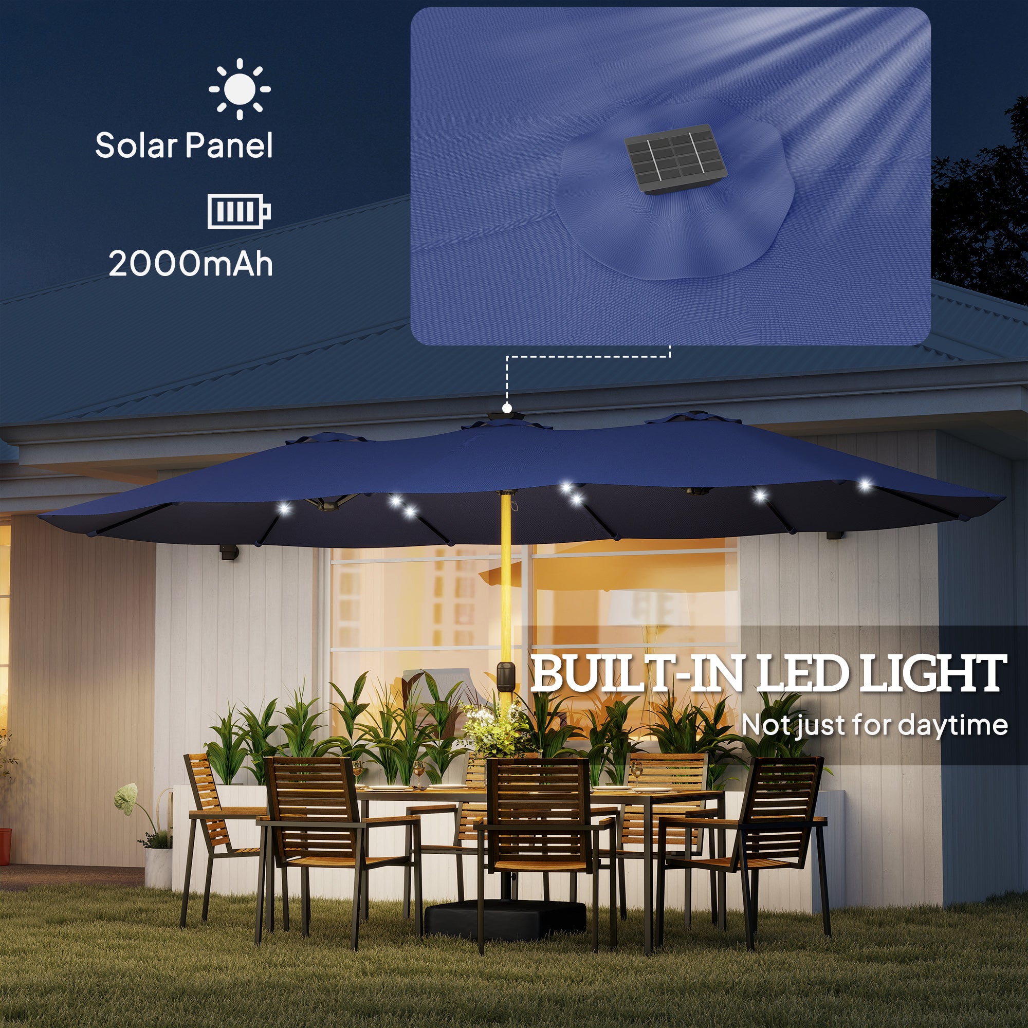 Outsunny Double Sided Garden Parasol with Base Included & 48 Solar LED Lights Patio Umbrella Crank Handle 4.6m Dark Blue 