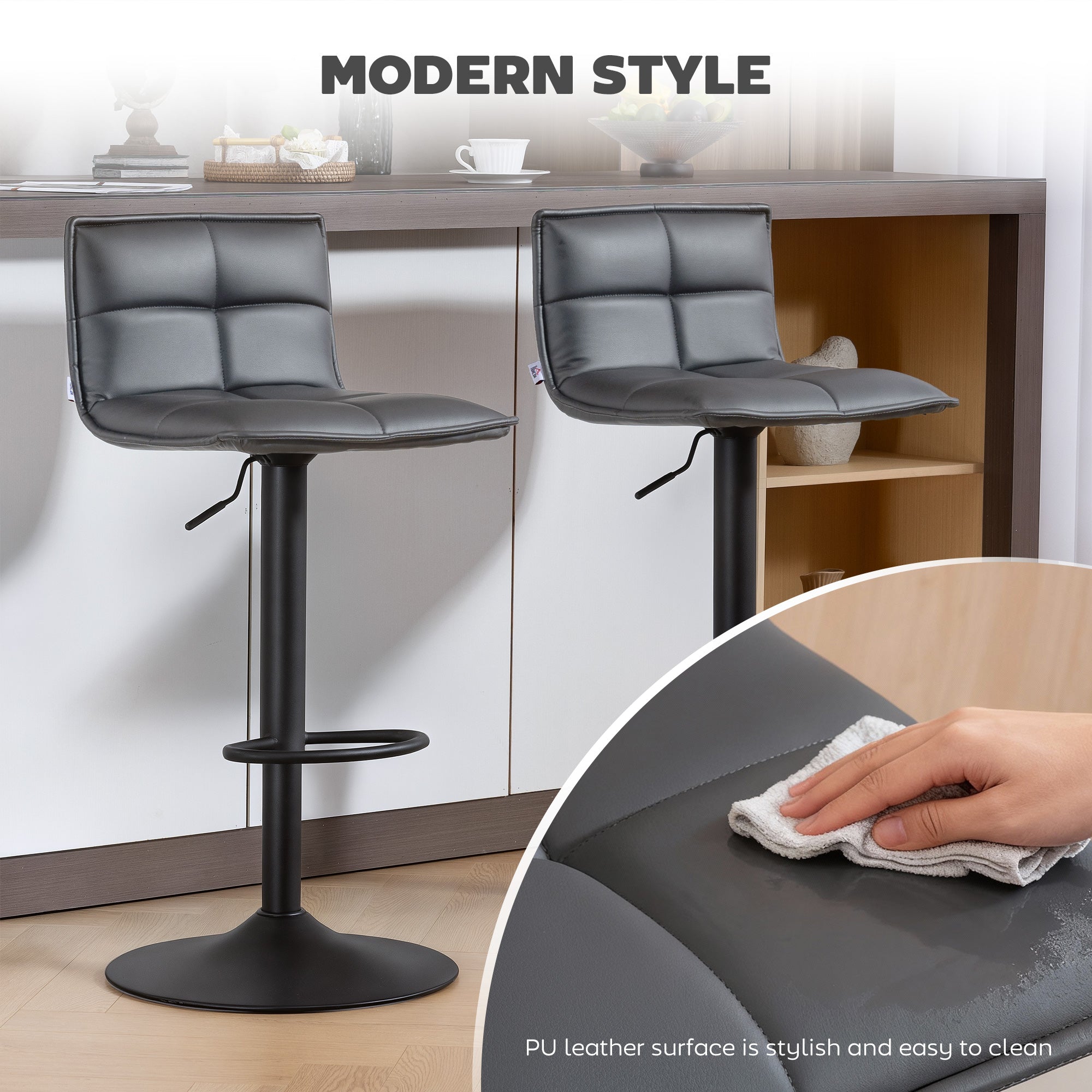 HOMCOM Set of Two Modern Faux Leather Bar Stools - Dark Grey 