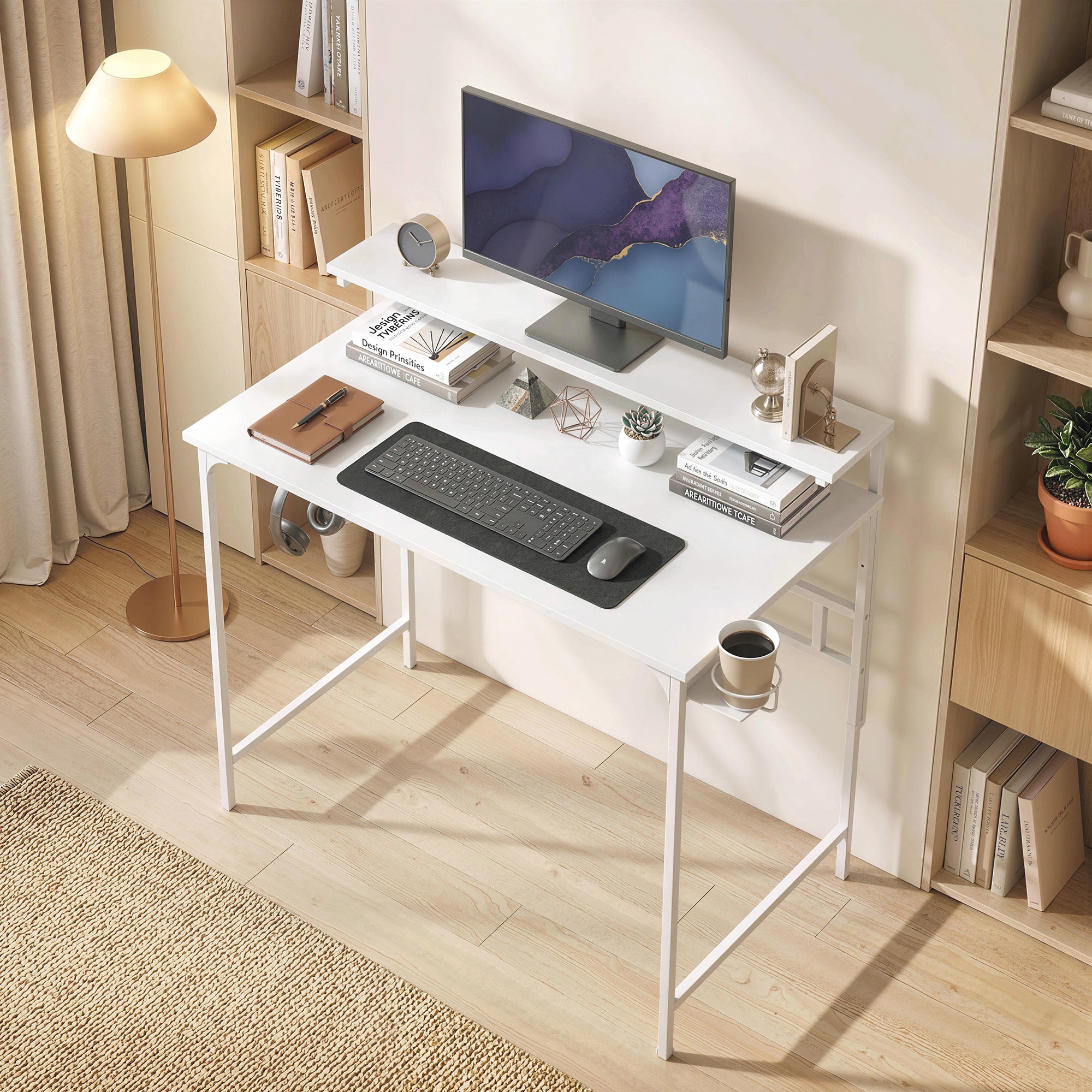 HOMCOM Computer Desk, 80cm Home Office Study Table with Hutch Shelf, Cup Holder, Headphone Hook, White 
