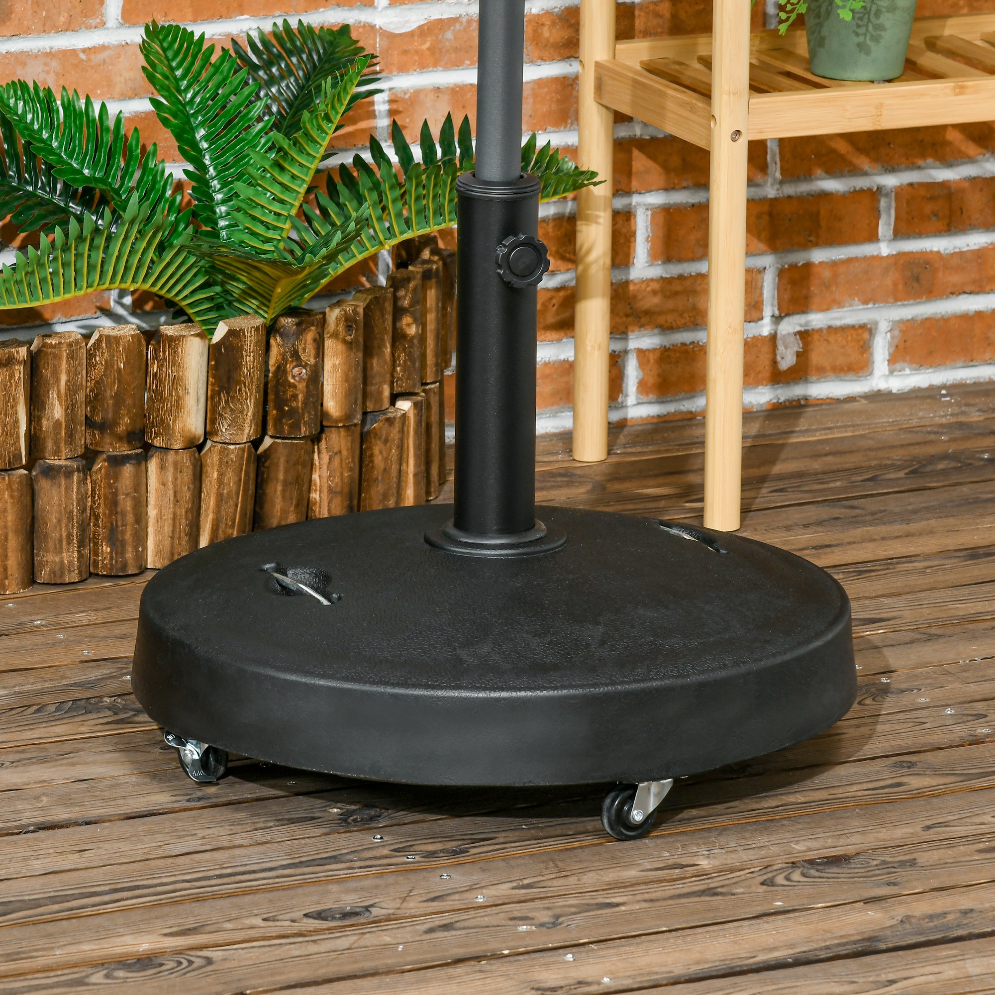 Outsunny 23.5kg Resin Garden Parasol Base with Wheels and Retractable Handles, Round Outdoor Market Umbrella Stand Weight for Poles of \'ce\'a638mm to \'ce\'a648mm, Black