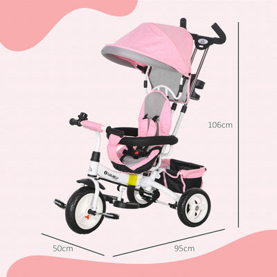 HOMCOM 6 in 1 Kids Trike Push Bike w/ Push Handle, Canopy, 5-point Safety Belt, Storage, Footrest, Brake, for 1-5 Years, Pink 