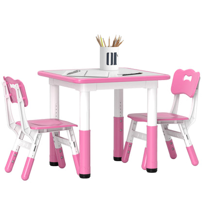 AIYAPLAY Height Adjustable Toddler Table and Chair Set, 3 Pcs Children Activity Table w/ 2 Chairs, for Playroom, Bedroom - Pink 
