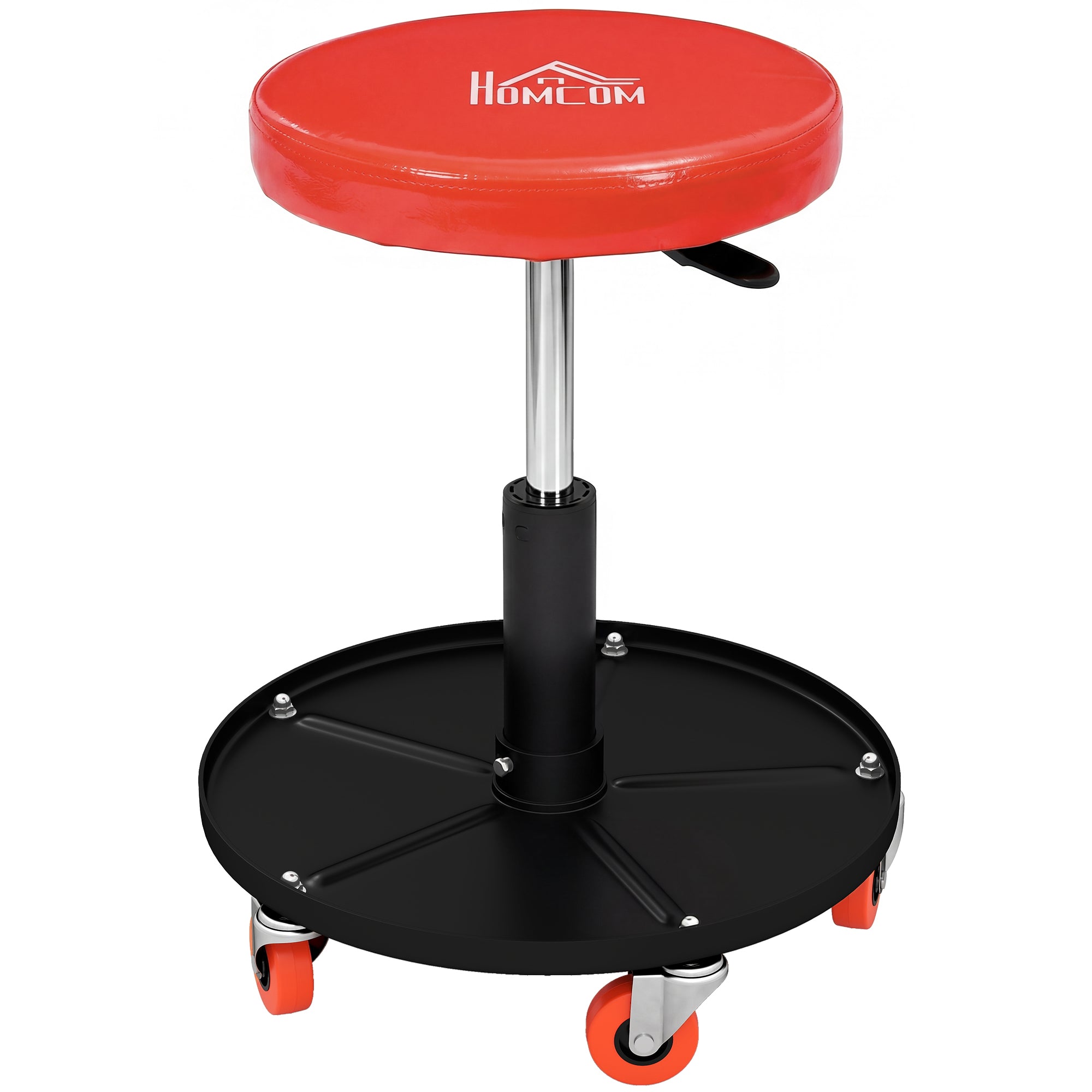 HOMCOM Rolling Mechanical Stool, Pneumatic Adjustable Workshop Stool with Tool Tray, Wheels - Orange 