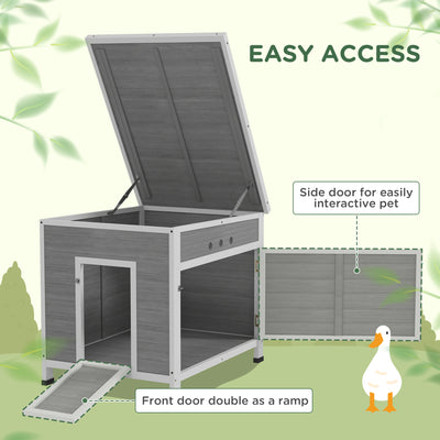 PawHut Wooden Duck House with Ramp, Double Doors, Openable Asphalt Roof, Ventilation Holes, Removable Base, Light Grey 