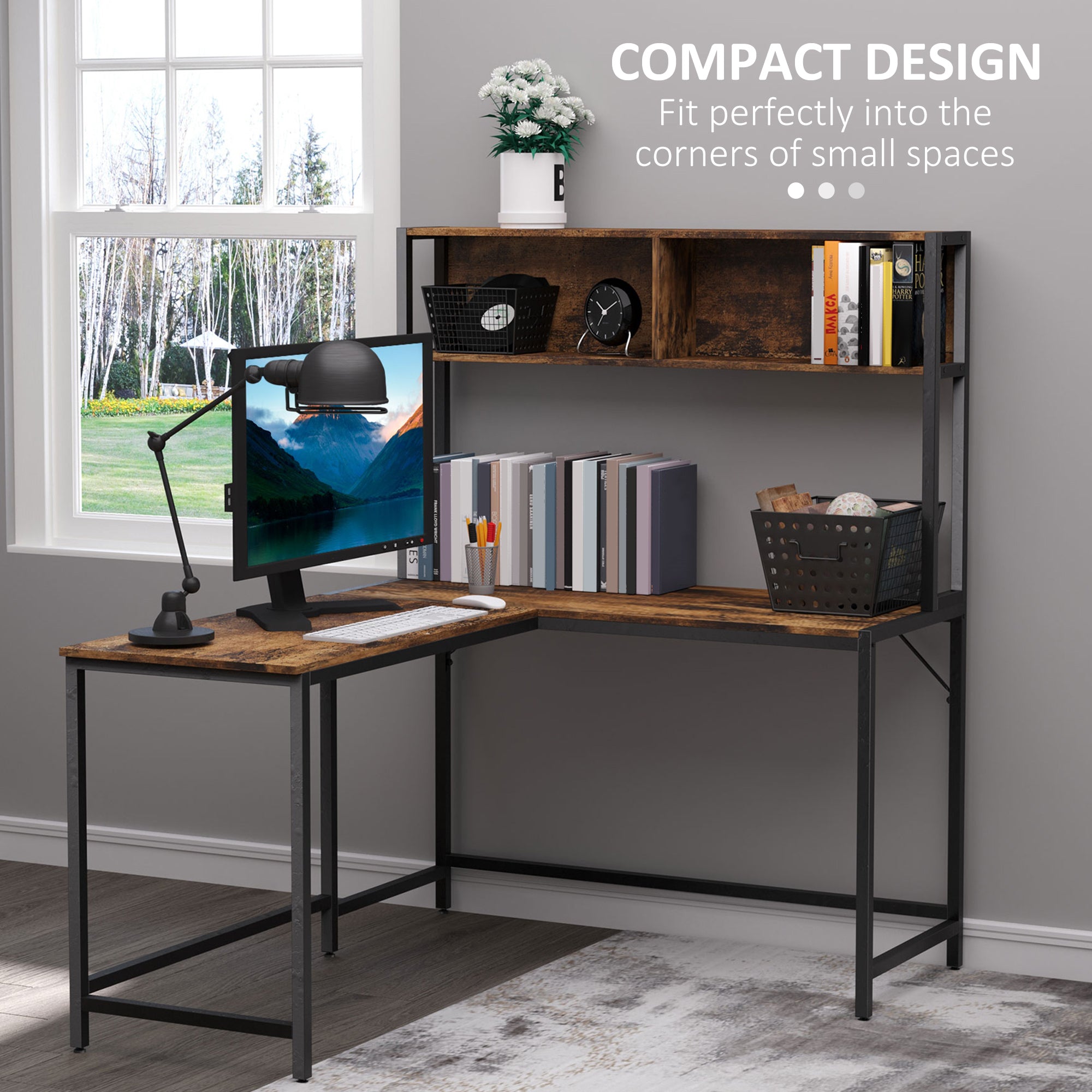 HOMCOM Reversible L Shaped Desk with Hutch, Industrial Computer Desk, Corner Desk with Storage Compartments and Steel Frame for Home Office, Study, 140 x 125cm, Brown 
