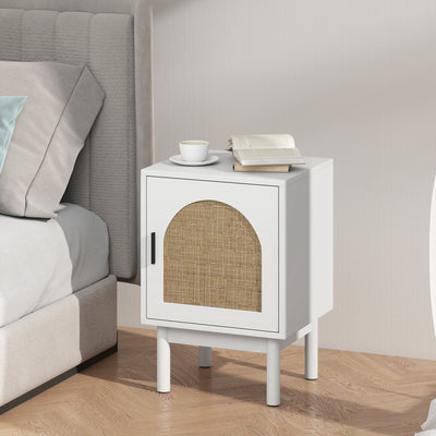 HOMCOM Rattan Bedside Table for Bedroom - White 
