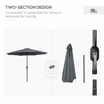 Outsunny 3(m) Tilting Parasol Garden Umbrellas, Outdoor Sun Shade with 8 Ribs, Tilt and Crank Handle for Balcony, Bench, Garden, Dark Grey 