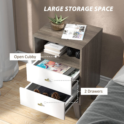 HOMCOM Industrial-Scandinavian Mix Bedside Table, with Drawers and Shelf 