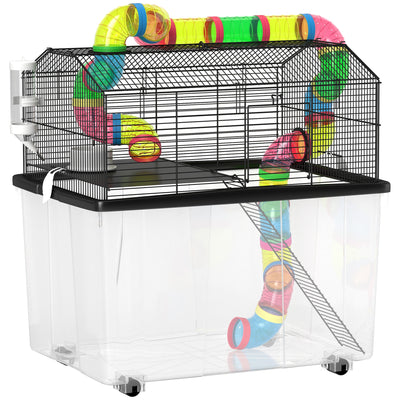 PawHut 2 Tier Hamster Cage with 31cm Deep Tray, Tube System, Water Bottle, Ramp, Feeding Bowl, 58 x 43 x 57cm, Multicolour 