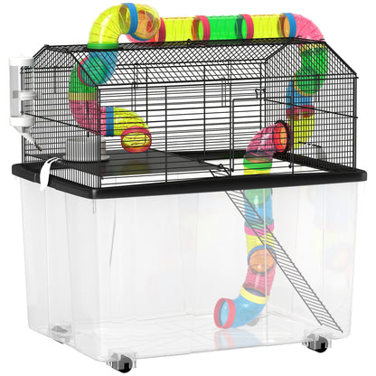 PawHut 2 Tier Hamster Cage with 31cm Deep Tray, Tube System, Water Bottle, Ramp, Feeding Bowl, 58 x 43 x 57cm, Multicolour