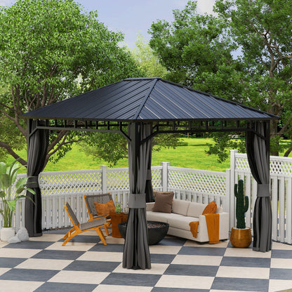 Outsunny 3 x 4m Hardtop Gazebo with Galvanised Steel Roof and Water Gutter, Waterproof Permanent Pavilion Garden Gazebo with Netting and Curtains for Patio, Deck 