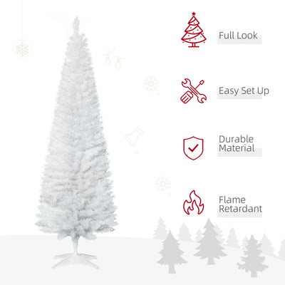 HOMCOM 6ft Unlit Artificial Christmas Tree, Pencil Slim Xmas Tree with Solid Stand and Realistic Branches, White 