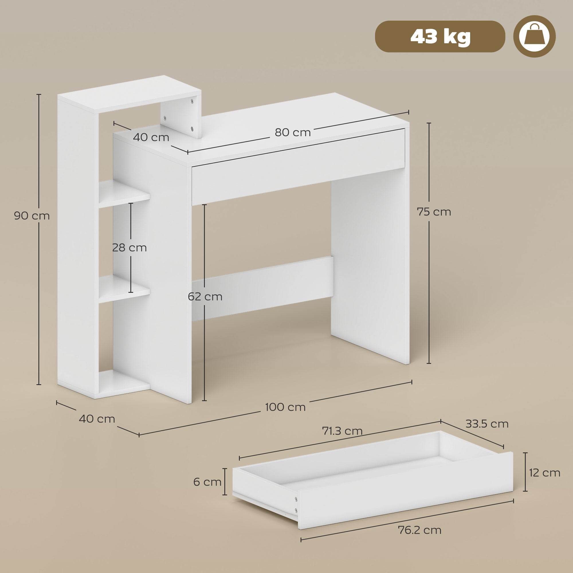 HOMCOM Desk with Storage, Computer Desk with 3 Open Shelves and Drawer, Workstation, Computer Table, White 