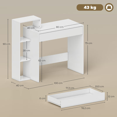 HOMCOM Desk with Storage, Computer Desk with 3 Open Shelves and Drawer, Workstation, Computer Table, White 