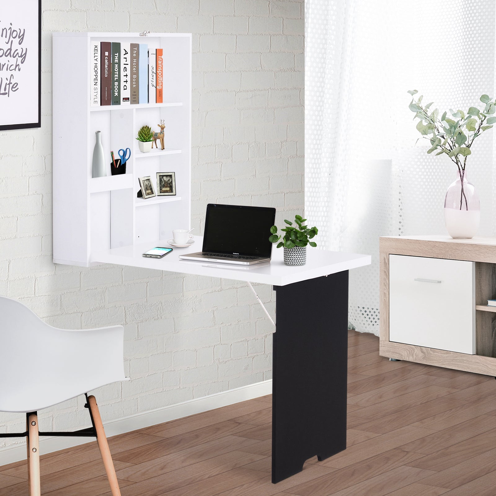 HOMCOM Folding Wall-Mounted Drop-Leaf Table, Convertible Wall Table With Chalkboard and Storage Shelf, Multifunctional Floating Desk for Home Office, White 