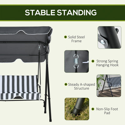 Outsunny Three-Seater Garden Swing Chair, with Adjustable Canopy - Grey Stripe 